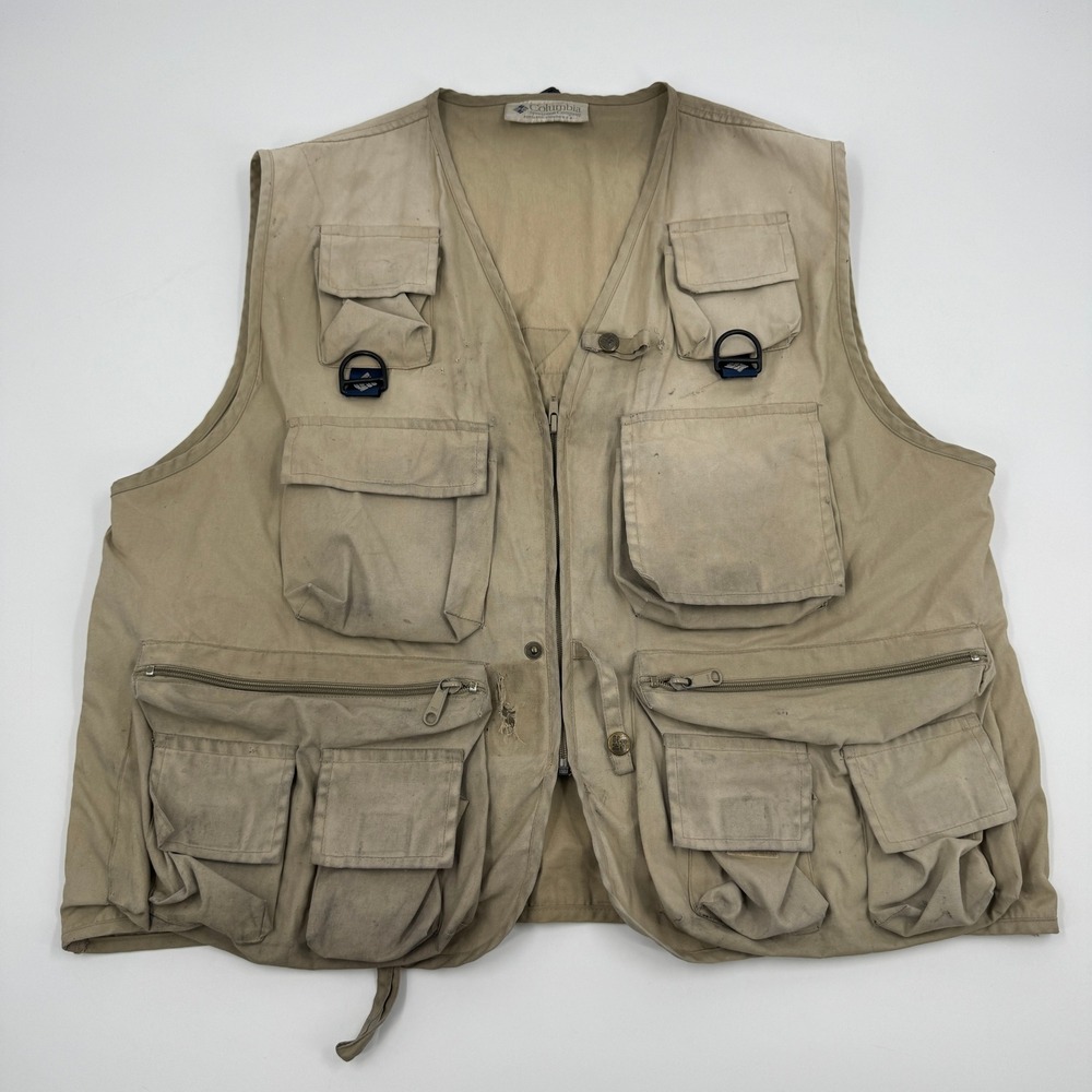 Columbia‎ PFG Fishing Vest Mens XL Tan Multi-Pocket Utility Canvas Distressed